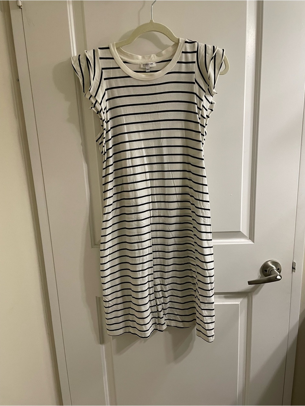 Reitmans White Midi Dress with Black Stripes